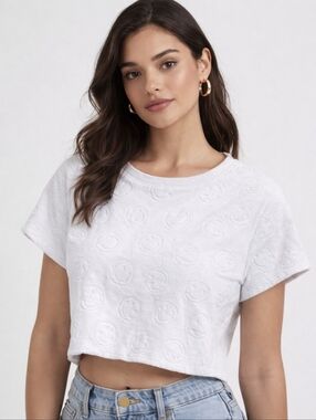 Offline By Aerie White Cropped Cotton Poly Tericloth Smiley Face Top Sz Lg